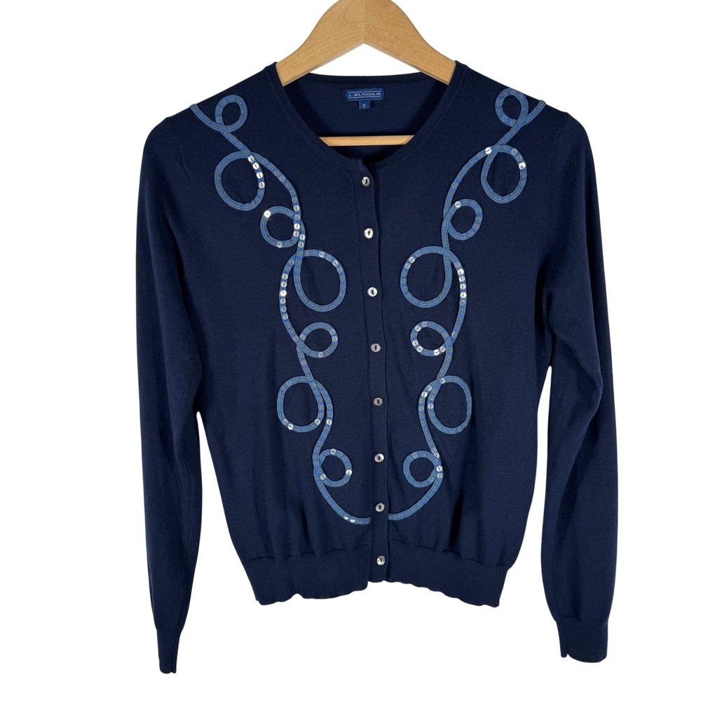 J. McLaughlin Sequin Soutache Embroidered Cardigan Womens S Navy Blue Sweater